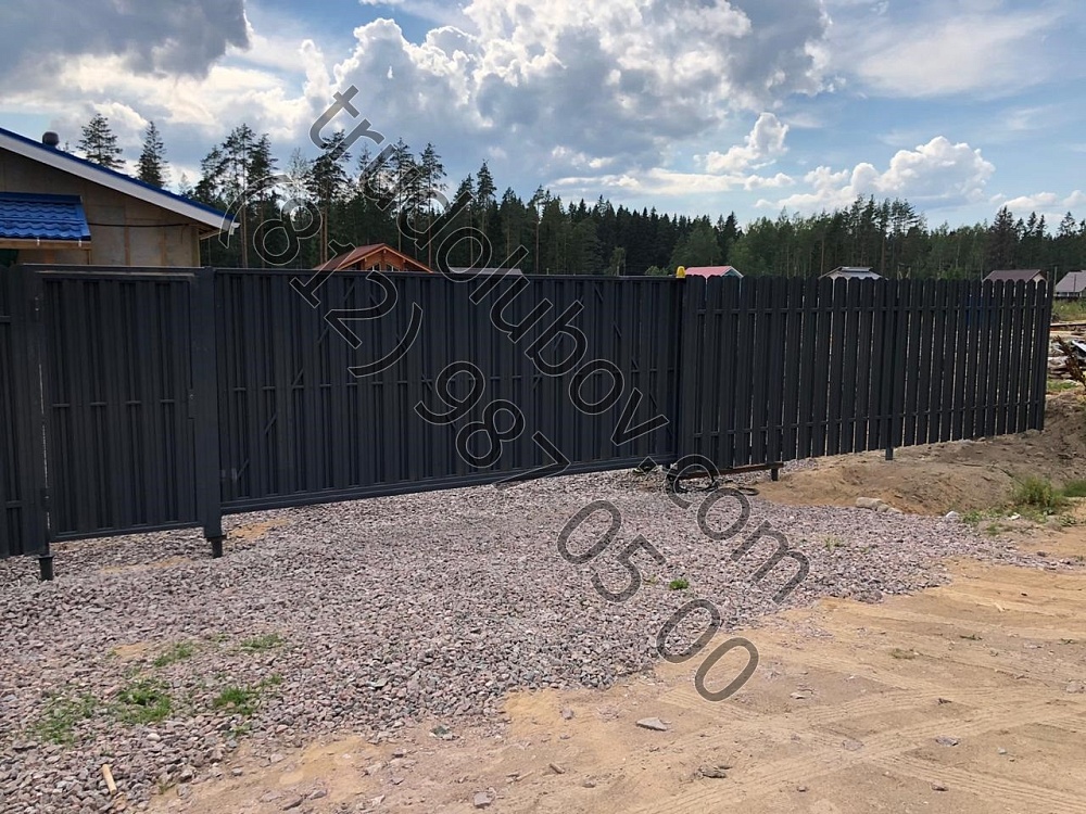 Забор из металлоштакетника с откатными воротами и 3д забор в Рощино