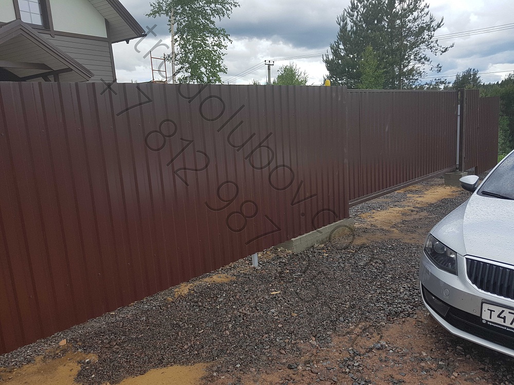 Забор из профлиста с автоматическими откатными воротами в Куялово